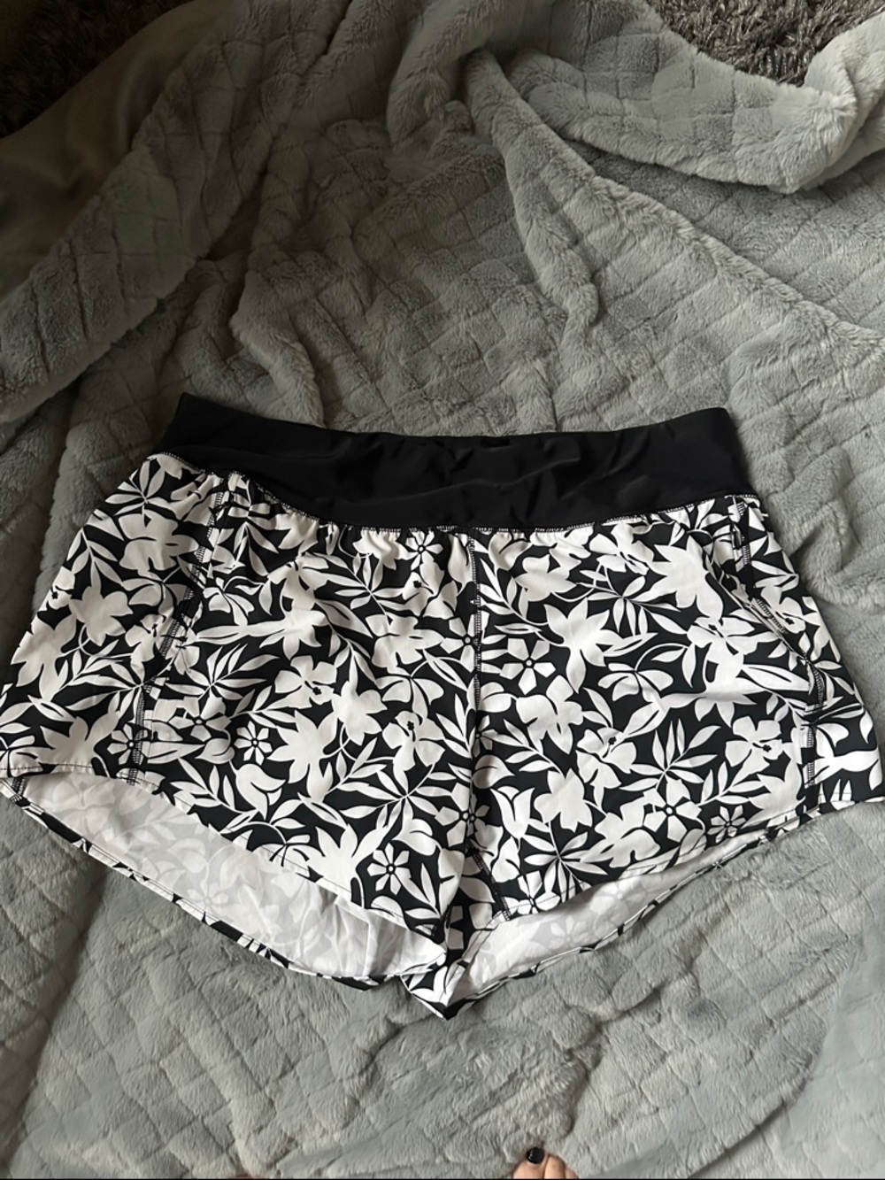 Lands End Board Shorts. Black and White Floral Women’s swim Bottoms